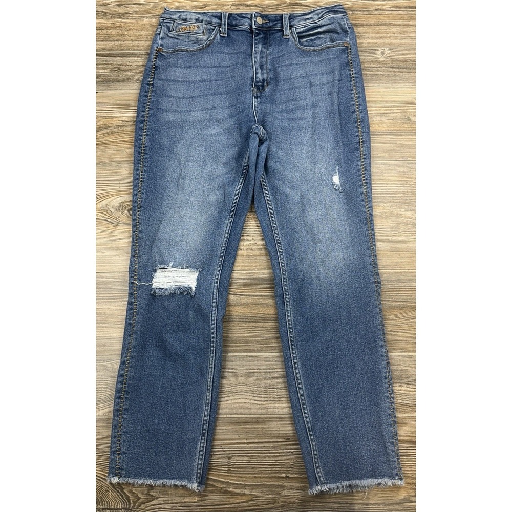 Judy Blue "Howdy" Boyfriend Side‎ Stitch Hi Rise Raw Hem Distress Jeans Size 15